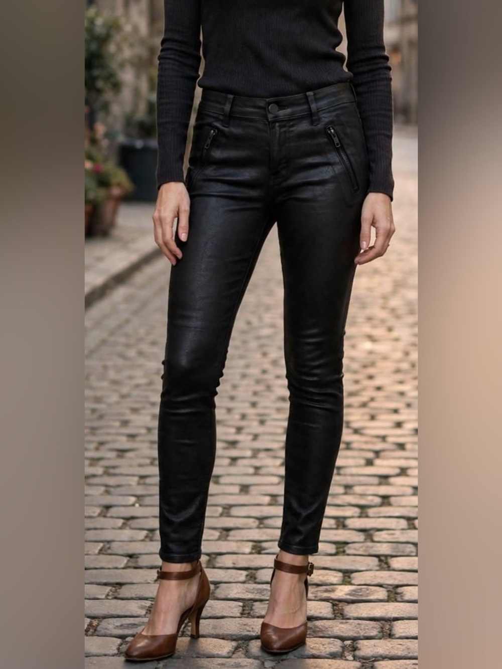 J Brand Agnes Coated Black Moto Skinny Jeans Ankle Zippers Size 28 Stealth